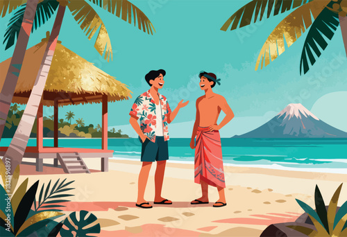 Two men converse on a beach with a hut, tropical plants, and a volcano in the background