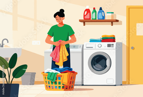 A person in a green shirt folds laundry in a well-lit laundry room. Washer, basket, and products seen