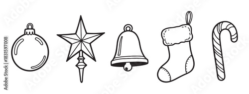 Hand-drawn Christmas holiday decoration icon set featuring a bauble, star tree topper, bell, stocking, and candy cane in a minimalist black and white doodle illustration style