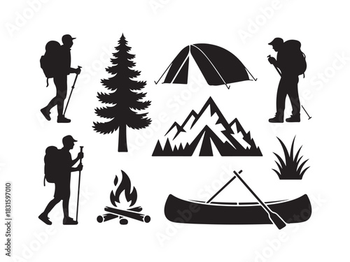 Camping & Hiking Silhouette Icon Set – Outdoor Adventure Vector Illustration
