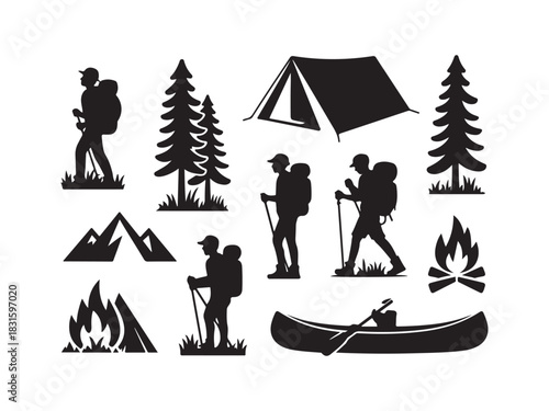 Camping & Hiking Silhouette Icon Set – Outdoor Adventure Vector Illustration