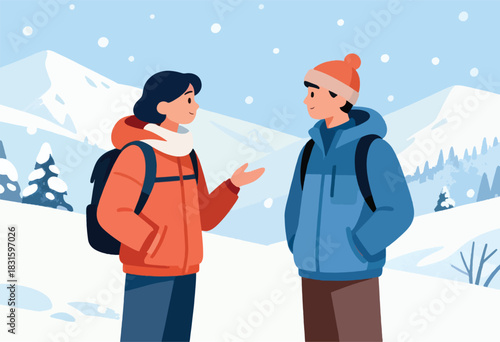 Illustration of two figures conversing in a snowy landscape with mountains and trees. Snowflakes fall