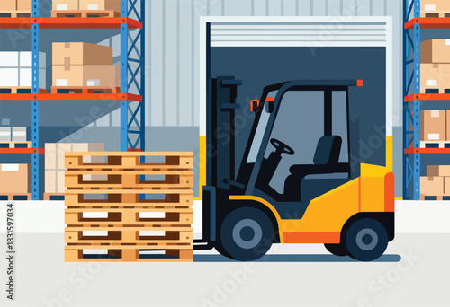 A warehouse scene with a forklift, stacked pallets, and shelves filled with boxes. The door is slightly open