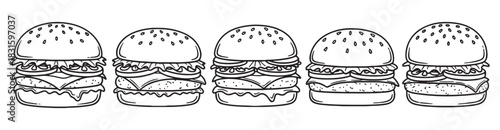 Five hand-drawn black and white hamburgers in a row, a simple doodle style illustration of classic fast food cheeseburgers with sesame seed buns, lettuce, and cheese