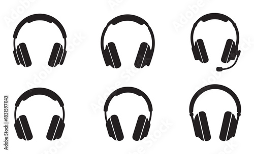 Set of six black headphone icons in a minimalist style, including a headset with a microphone for communication and gaming, presented as a collection of graphic symbols