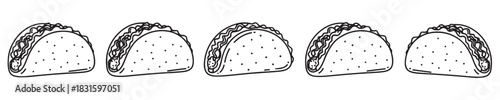 Five hand-drawn tacos in a simple line art style are arranged in a horizontal row, creating a minimalist pattern of traditional Mexican fast food with a doodle aesthetic