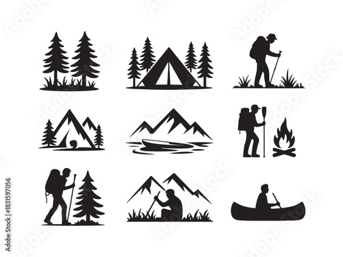 Camping & Hiking Silhouette Icon Set – Outdoor Adventure Vector Illustration