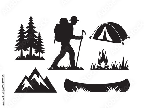 Camping & Hiking Silhouette Icon Set – Outdoor Adventure Vector Illustration