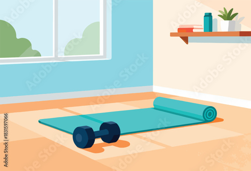 Cartoon interior showing a turquoise yoga mat with dumbbell, window, shelf with books, bottle, and a plant