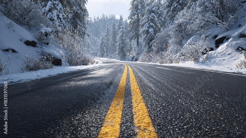Winter road cuts a path through snowy mountains a serene escape toward a distant promise under a bright sky with sharp