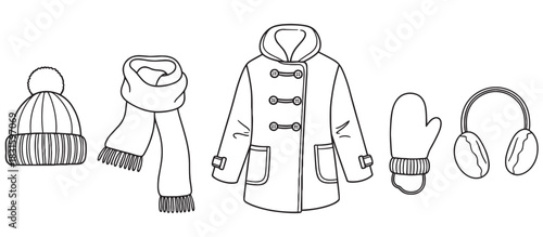 Set of winter clothes and accessories including a duffle coat, scarf, beanie, mitten, and earmuffs presented in a simple black and white line art illustration style