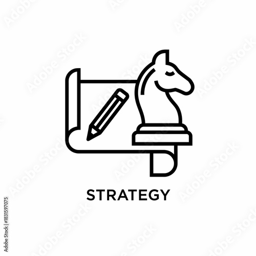 Strategic Planning Icon Chess Piece and Pencil on Paper - Business Strategy Concept Icon