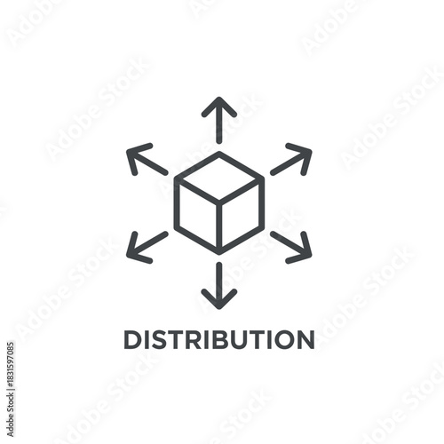 Distribution thin line vector icon illustrating logistics and delivery. A minimalist symbol representing supply chain management, shipping, and network allocation
