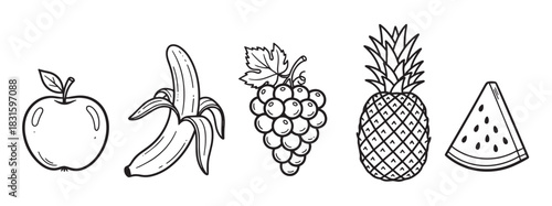 Hand-drawn black and white fruit collection featuring an apple, banana, grapes, pineapple, and watermelon slice in a simple doodle sketch style for healthy eating concepts