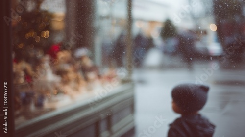 Fototapeta Naklejka Na Ścianę i Meble -  Close-up of a window with a view of a busy street at night. the window is covered in snowflakes, and the focus is on a small child, who is standing in front of it.