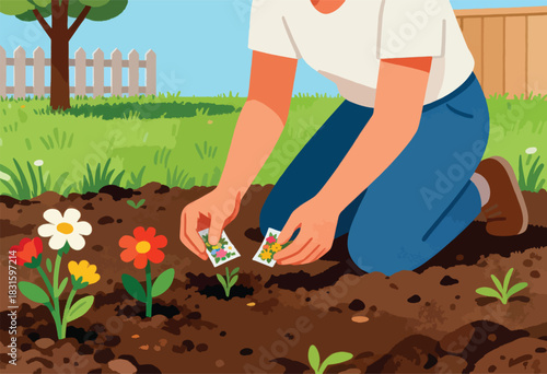 Illustration of a person planting seeds in a garden, with existing flowers in the foreground and a fence