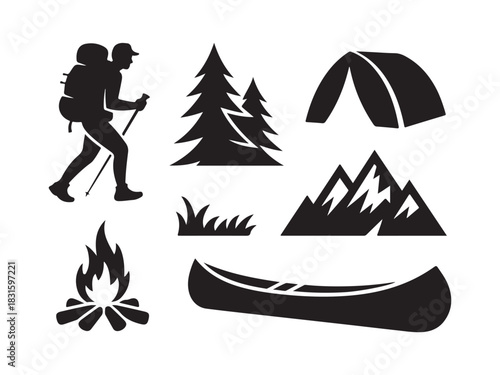 Camping & Hiking Silhouette Icon Set – Outdoor Adventure Vector Illustration