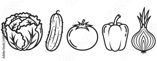 Collection of fresh vegetable line art illustrations featuring cabbage, cucumber, tomato, bell pepper, and onion in a simple, graphic, and minimalist design