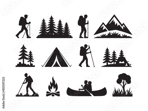 Camping & Hiking Silhouette Icon Set – Outdoor Adventure Vector Illustration