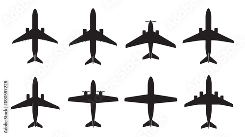 Collection of eight black airplane silhouettes in a top-down view, showcasing various commercial and private aircraft types for travel and transportation concepts
