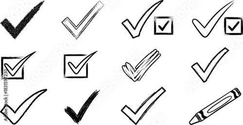 check mark and red cross icon set, circle and square. Tick symbol in green color. Hand drawn checkmark illustration