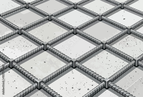 Isometric view shows a steel grid embedded in a concrete surface with various-sized rebar elements