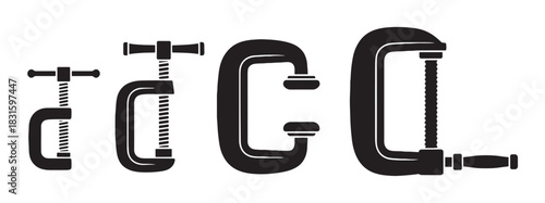 Four black C-clamp tool silhouettes arranged in a row by size, a graphic vector icon set illustrating various designs for woodworking, construction, or repair concepts