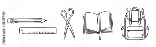 Set of hand-drawn school supplies including a pencil, ruler, scissors, book, and backpack in a simple black and white line art doodle style for educational concepts