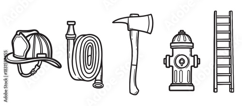 Set of firefighter equipment icons including a helmet, hose, axe, hydrant, and ladder in a black and white line art doodle style for emergency services concepts