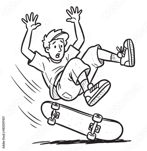 Cartoon teenage boy falling off a skateboard in a black and white line art style, a clumsy skater having an accident with a shocked expression while tumbling through the air