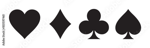 Four black playing card suit symbols, hearts, diamonds, clubs, and spades, are arranged in a row in this minimalist graphic illustration for casino and gambling concepts