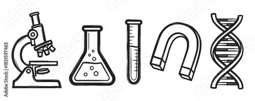 Set of hand-drawn science icons featuring a microscope, flask, test tube, magnet, and DNA helix, illustrated in a simple black and white doodle style for educational concepts