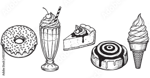 Hand-drawn collection of sweet food illustrations with a donut, milkshake, cheesecake, cinnamon bun, and ice cream cone in a retro, monochrome, engraved line art style