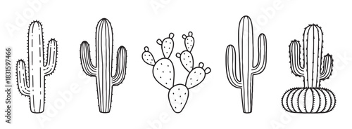 Set of black and white cactus illustrations in a simple hand-drawn doodle style, a collection of various desert plants like saguaro and prickly pear in a minimalist graphic design