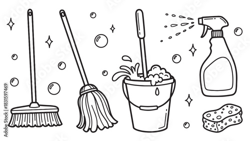 Black and white doodle illustration set of cleaning supplies including a broom, mop, bucket, spray bottle, and sponge with bubbles and sparkles in a cute cartoon style