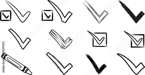 check mark and red cross icon set, circle and square. Tick symbol in green color. Hand drawn checkmark illustration