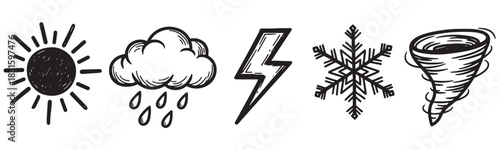 Set of hand-drawn weather forecast icons including a sun, rain cloud, lightning bolt, snowflake, and tornado in a simple black and white doodle style illustration