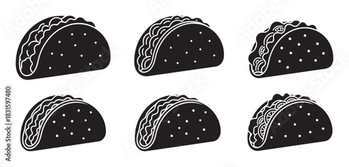 Set of six black taco icons with white line art details in a minimalist graphic silhouette style for fast food restaurant menu design or food truck branding