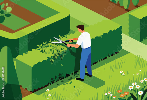 An isometric image shows a person trimming a hedge with large shears in a well-manicured garden with greenery