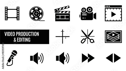 Video production and editing icons: film, reel, clapperboard, camera, play, graph, scissors, layers, microphone, volume, fast forward, rewind.