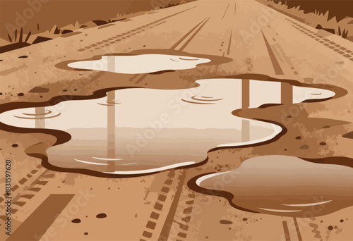 An illustration shows a sepia-toned dirt road with puddles. Tire tracks are visible. Reflections occur on water