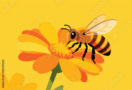 Stylized illustration of a honeybee poised on a bright orange flower against a solid yellow background