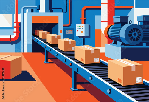 An illustration depicts a factory scene. Cardboard boxes move along a conveyor belt, with pipes and machinery nearby