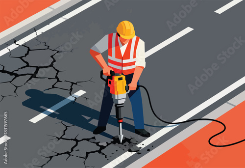 An illustrated construction worker operates a jackhammer, demolishing cracked asphalt on a road