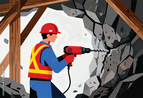 A construction worker drills into rock with a power drill near a wooden beam structure