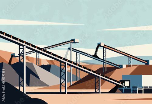 Conveyor belts transport material down, landscape of construction or mining, pastel colors