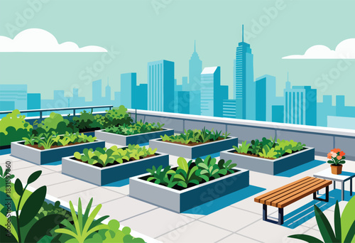 A rooftop garden with raised beds of lush plants, bench, small table, cityscape backdrop, blue sky and clouds
