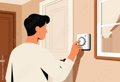 A person in a white shirt adjusts a thermostat on a beige wall, next to a door and a window