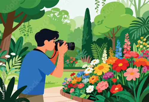 A person in a garden, holding a camera, focuses on flowers. Lush greenery and trees surround the photographer