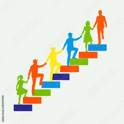 Colorful silhouettes of people climbing stairs representing teamwork and success.